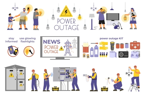 Power outage set with flat isolated icons of power lines sockets and professional workers with clients vector illustration