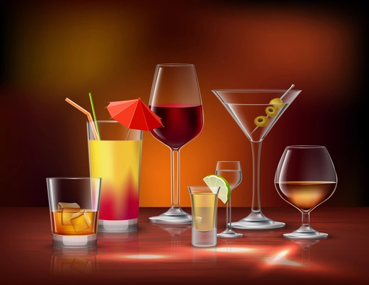 Alcohol drinks beverages in glasses decorative icons set vector illustration