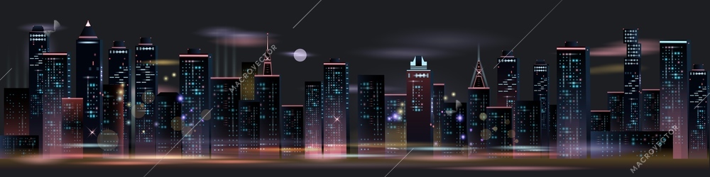 Night city panorama composition with horizontal view of nocturnal cityscape with glowing skyscrapers motorways and moon vector illustration