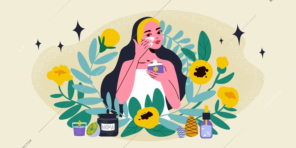 Herbal medical composition girl smears cream on her face and cosmetic bottles around her vector illustration