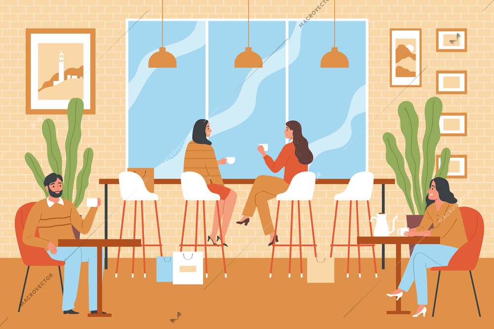 Flat modern coffee shop interior with people resting and communicating in armchairs and on bar stools vector illustration