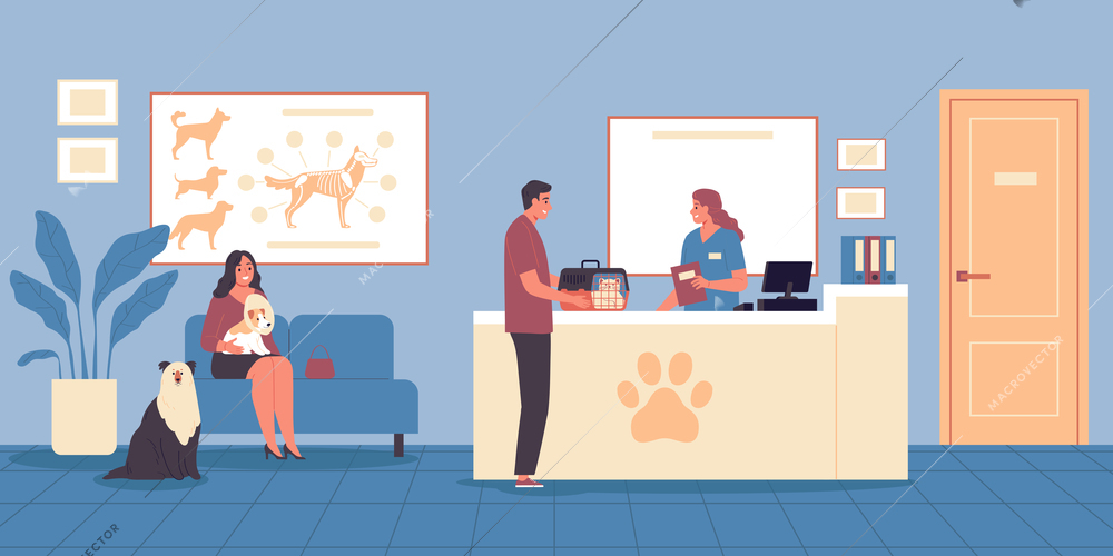 Veterinary flat composition with people and their pets visiting veterinarian clinic vector illustration