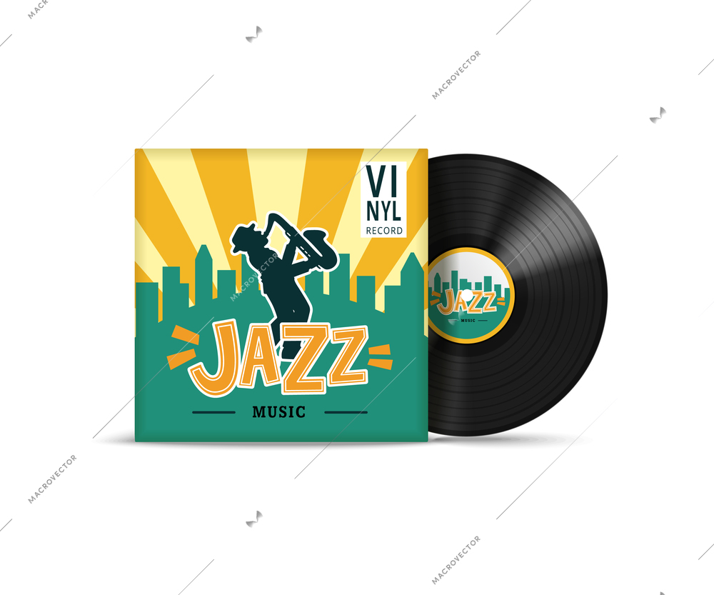 Realistic jazz music vinyl record cover design in retro style against white background vector illustration