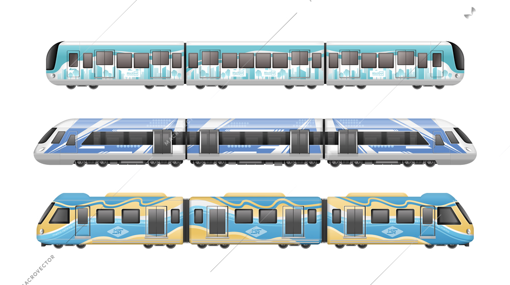 Coloured passenger subway suburban train realistic mockup set isolated on white background vector illustration