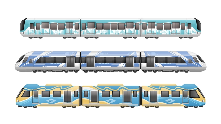 Coloured passenger subway suburban train realistic mockup set isolated on white background vector illustration