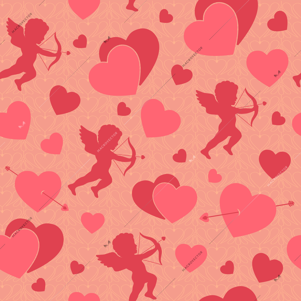 Valentine day seamless romantic pattern background with cupids hearts and arrows vector illustration