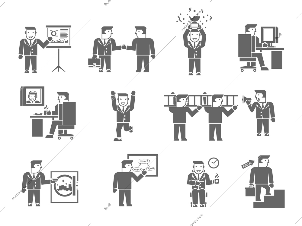 Businessman working black set with management partnership presentation symbols isolated vector illustration