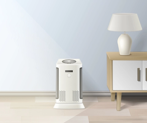 Realistic digital air purifier on floor in cozy room vector illustration