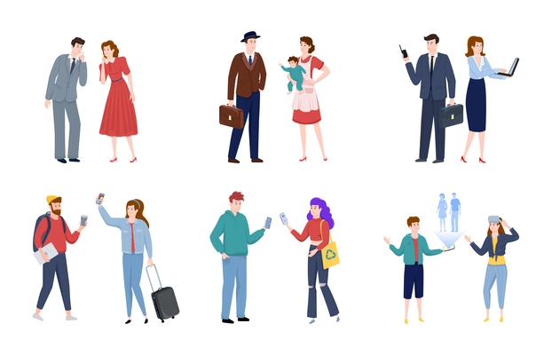 Generations theory flat composition with isolated human characters of couples associated with certain generation millenials boomers vector illustration