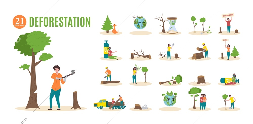 Deforestation composition set with environmental protection symbols flat isolated vector illustration