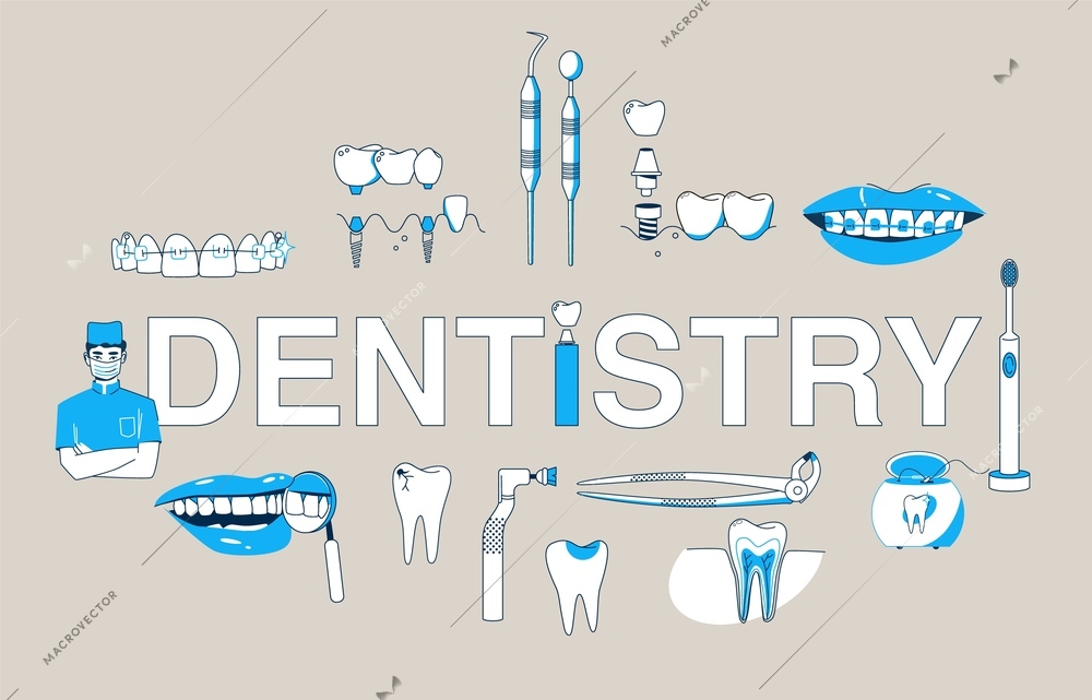 Dentistry composition with flat text surrounded by isolated tooth and mouth icons with tools and implants vector illustration