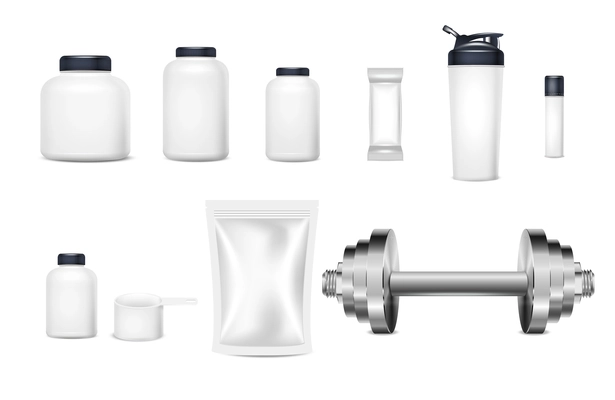 Sport nutrition package realistic set with isolated icons of white plastic bottle containers and soft bags vector illustration