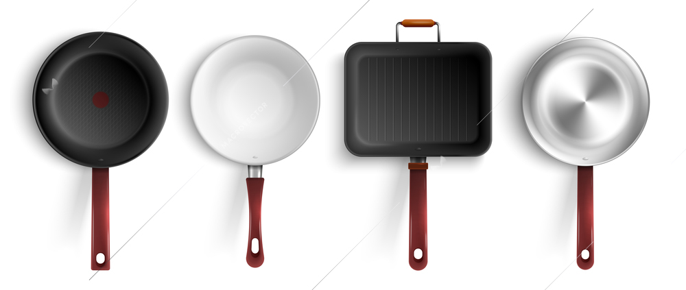 Realistic set of four non stick stainless steel ceramic coating grill frying pans isolated on white background vector illustration