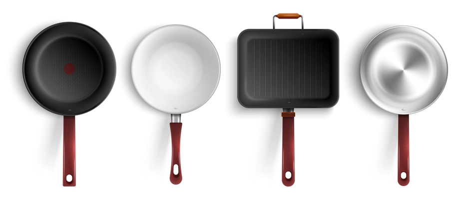 Realistic set of four non stick stainless steel ceramic coating grill frying pans isolated on white background vector illustration