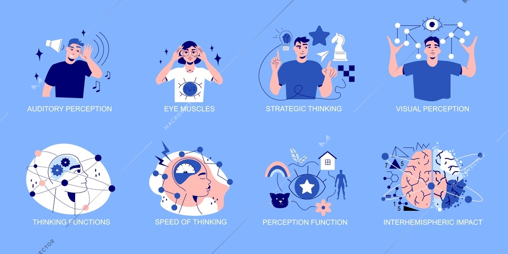 Brain set of eight isolated compositions with text captions and people surrounded by conceptual thinking icons vector illustration