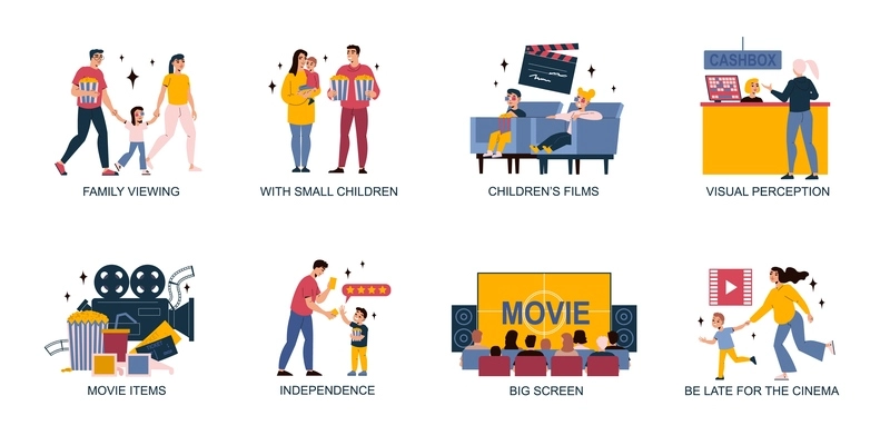 Cinema movie set of isolated compositions with text captions and views of filming equpment and audience vector illustration