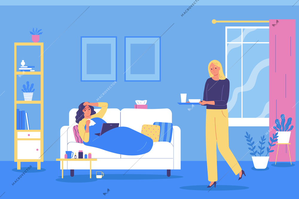 Ill people flat background with woman take care of her daughter suffering from headache and influenza vector illustration