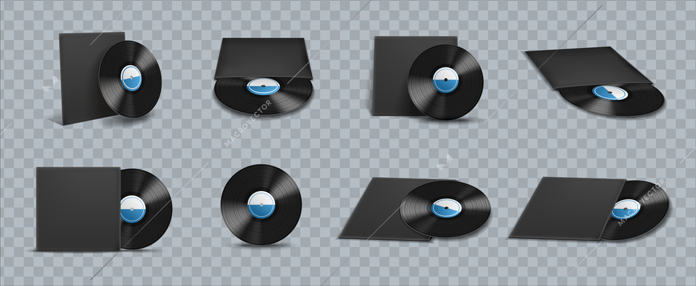 Realistic vinyl record with black covers mockup icon set on transparent background vector illustration