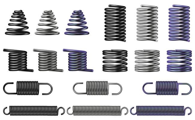 Metal spring realistic set with extended tension symbols isolated vector illustration