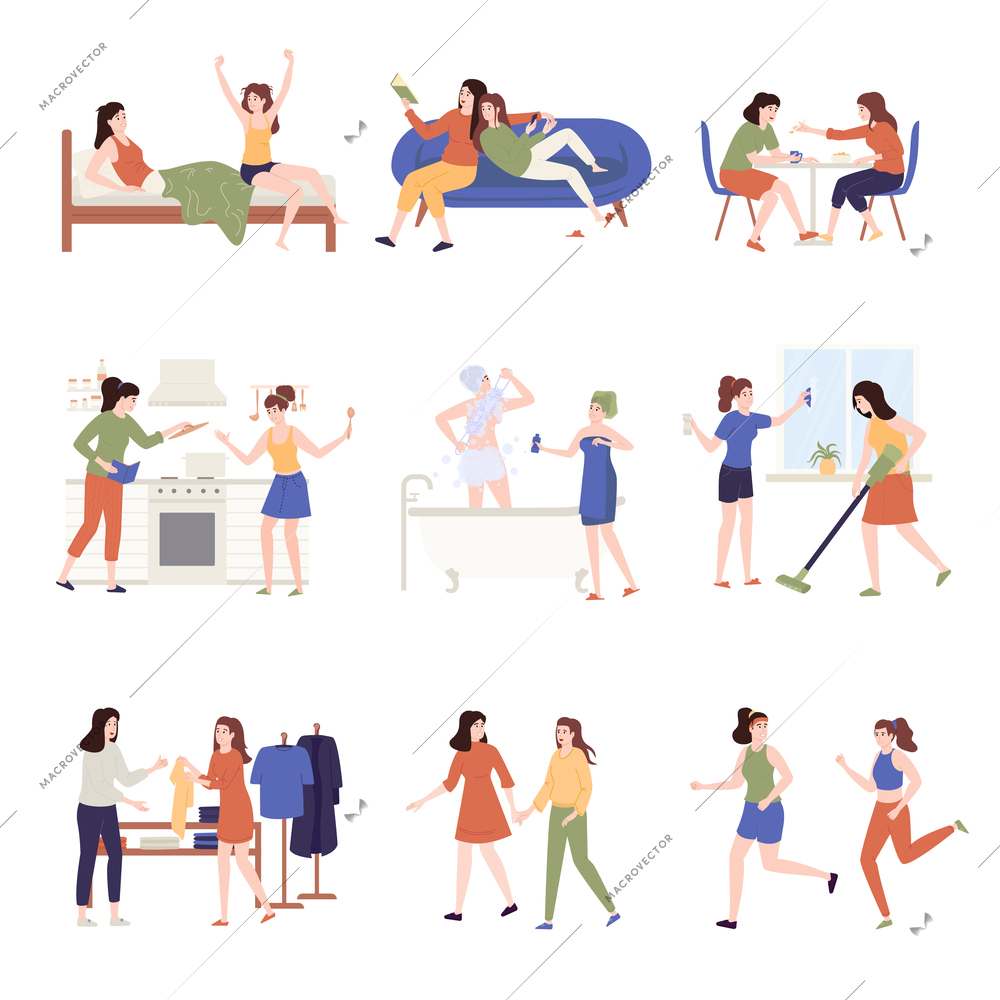 Women couple daily life set with lgbt symbols flat isolated vector illustration