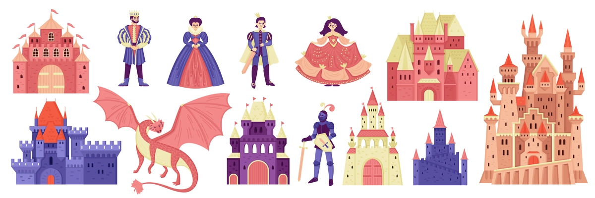 Kingdom big set with characters of medieval fairytale heroes castles and flying dragon on blank background vector illustration
