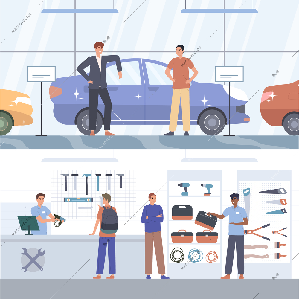 Shop assistant in tool store and car salon horizontal banners with sellers showing new items to shoppers flat vector illustration