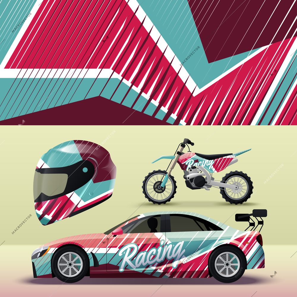 Realistic racing car motorcycle helmet livery mockup with bright geometric pattern isolated vector illustration