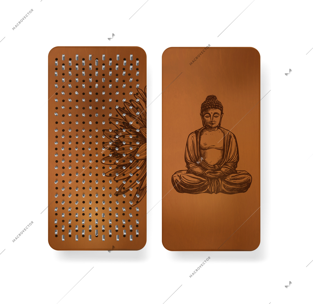 Realistic sadhu boards icon set on the side of nails and on the back side of picture of buddha vector illustration