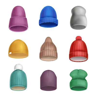 Realistic beanie hat icon set hats in different colors styles and sizes with pompon and flip flop vector illustration