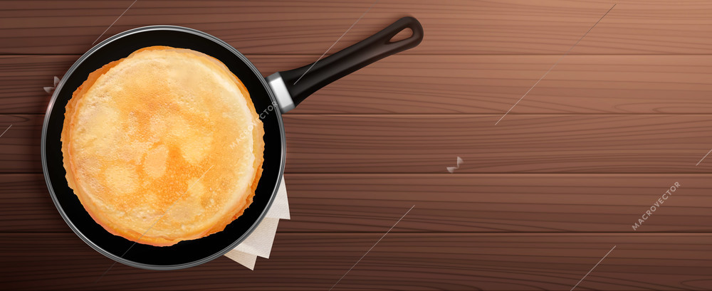 Maslenitsa realistic composition with stack of thin pancakes in pan at wooden background vector illustration