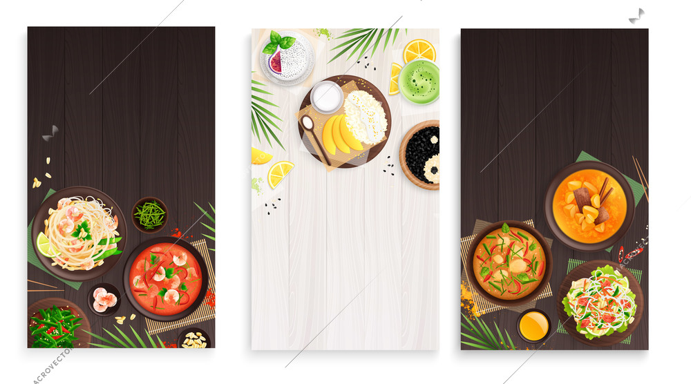 Thai cuisine food flat cards with dishes of fish vegetables meat rice funchoza fruits on wooden background vector illustration