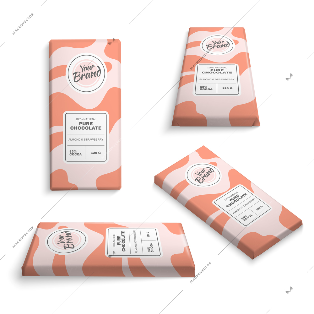 Realistic chocolate bar packaging templates set isometric vector illustration