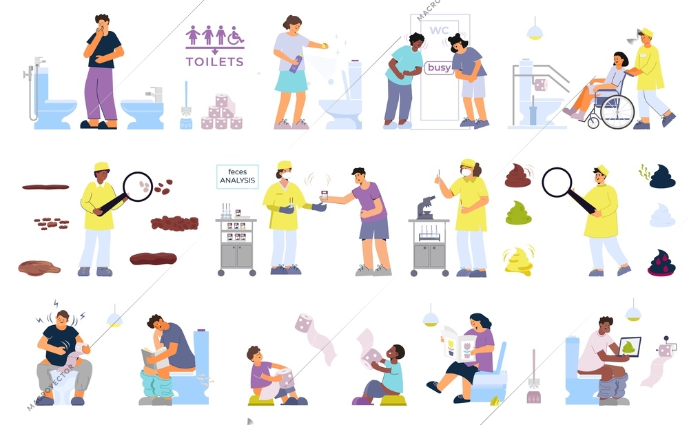 Poop set with flat isolated icons of toilet bowls and people in uniform inspecting colorful poops vector illustration