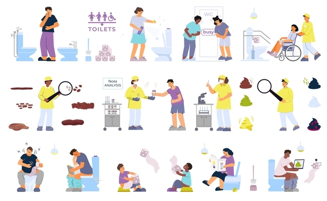 Poop set with flat isolated icons of toilet bowls and people in uniform inspecting colorful poops vector illustration