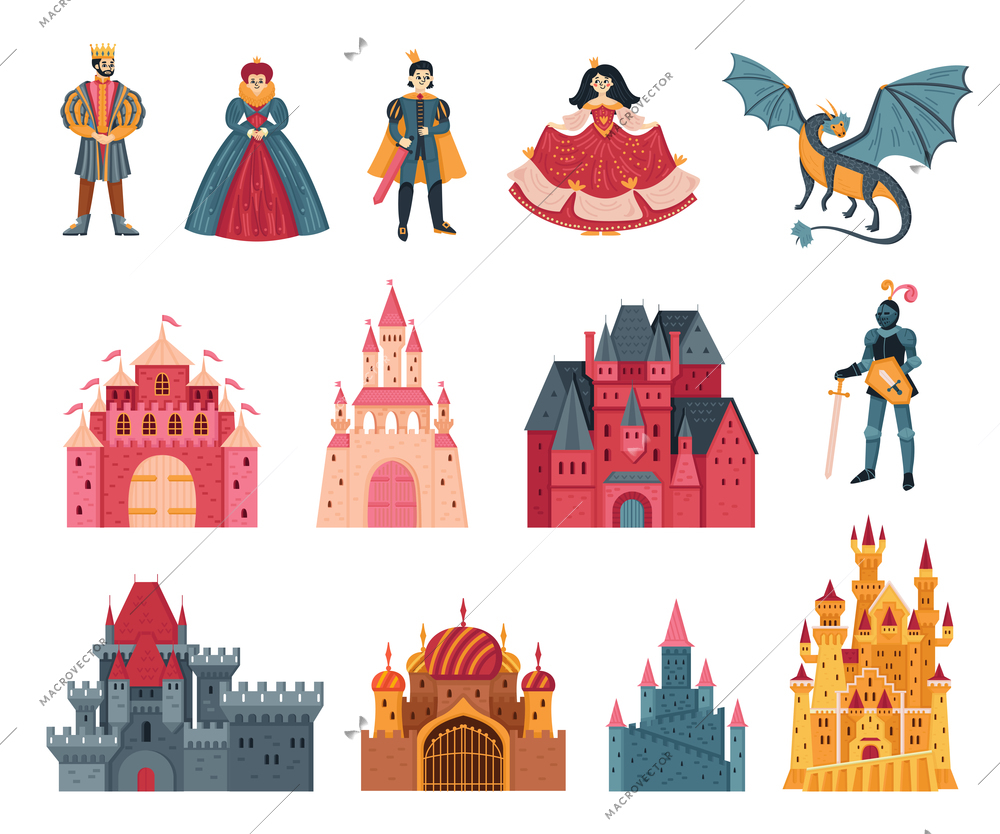 Kingdom color set of isolated icons with royal medieval castles and characters of knights and dragons vector illustration