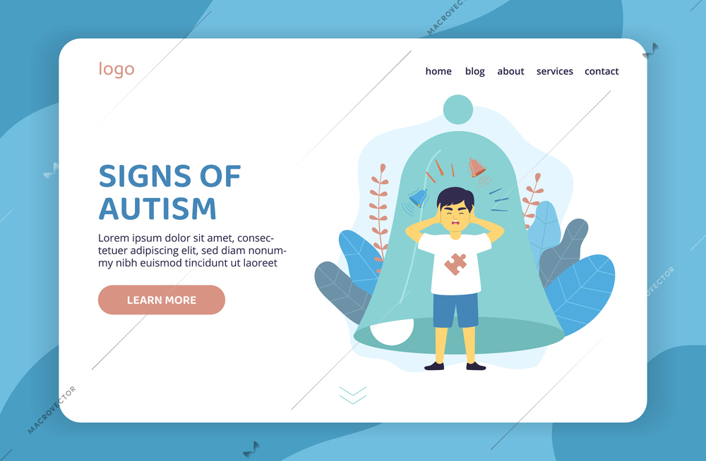 Signs of autism flat web site page with child sensitive to loud noises and learn more button vector illustration