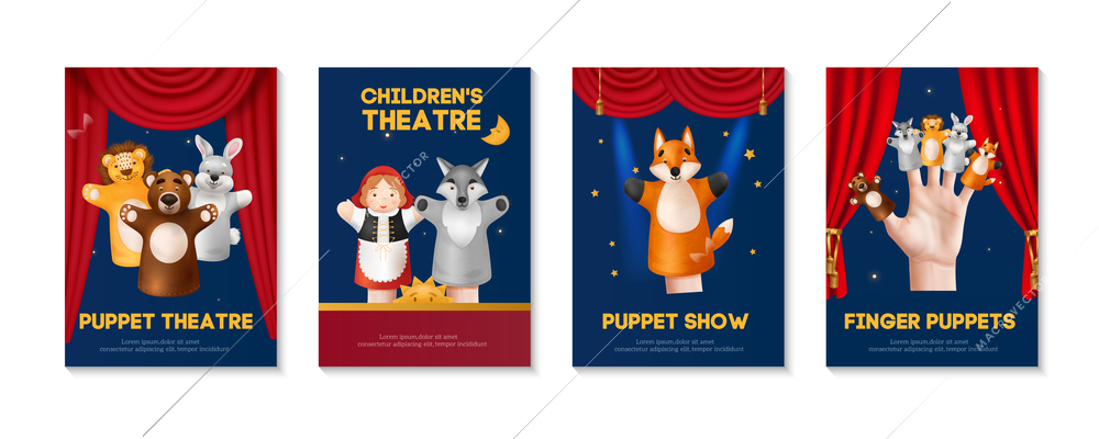 Realistic puppet theater performance poster set with cute finger and hand toys red curtains on blue background isolated vector illustration