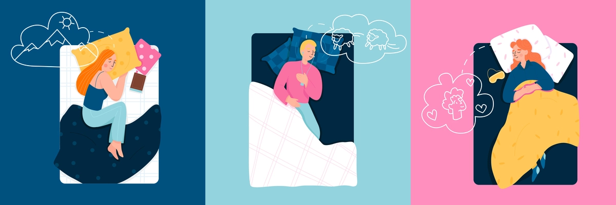 People sleeping and dreaming in their beds at night flat design concept isolated vector illustration