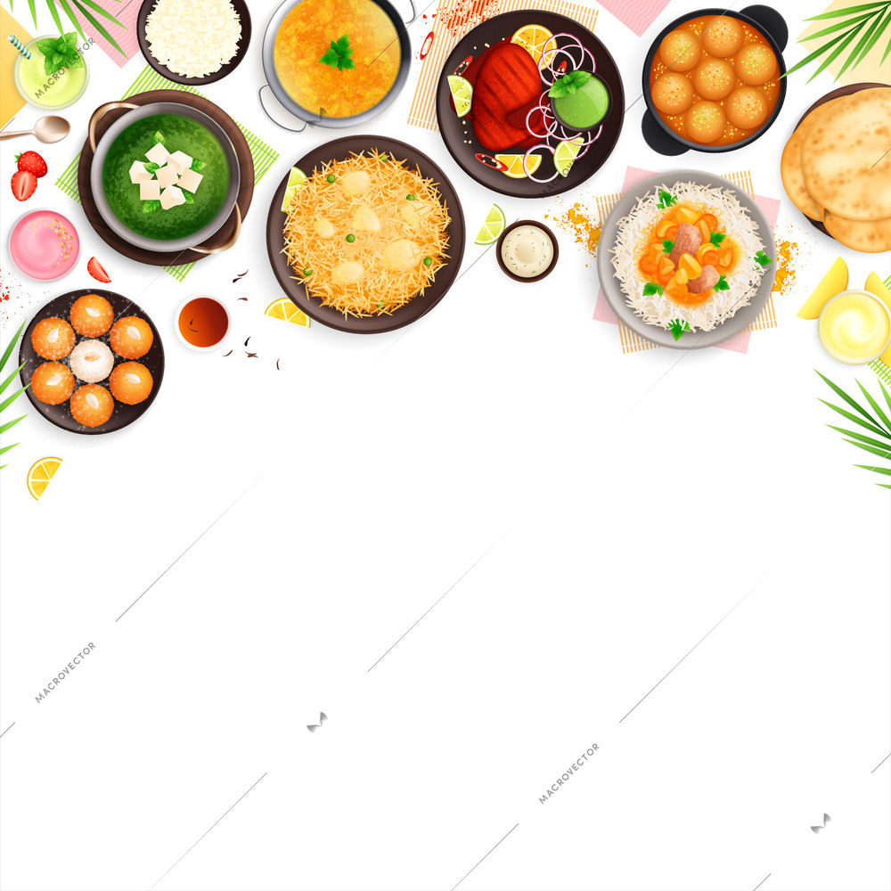 Indian cuisine flat composition with top view of multiple plates with colorful dishes on blank background vector illustration