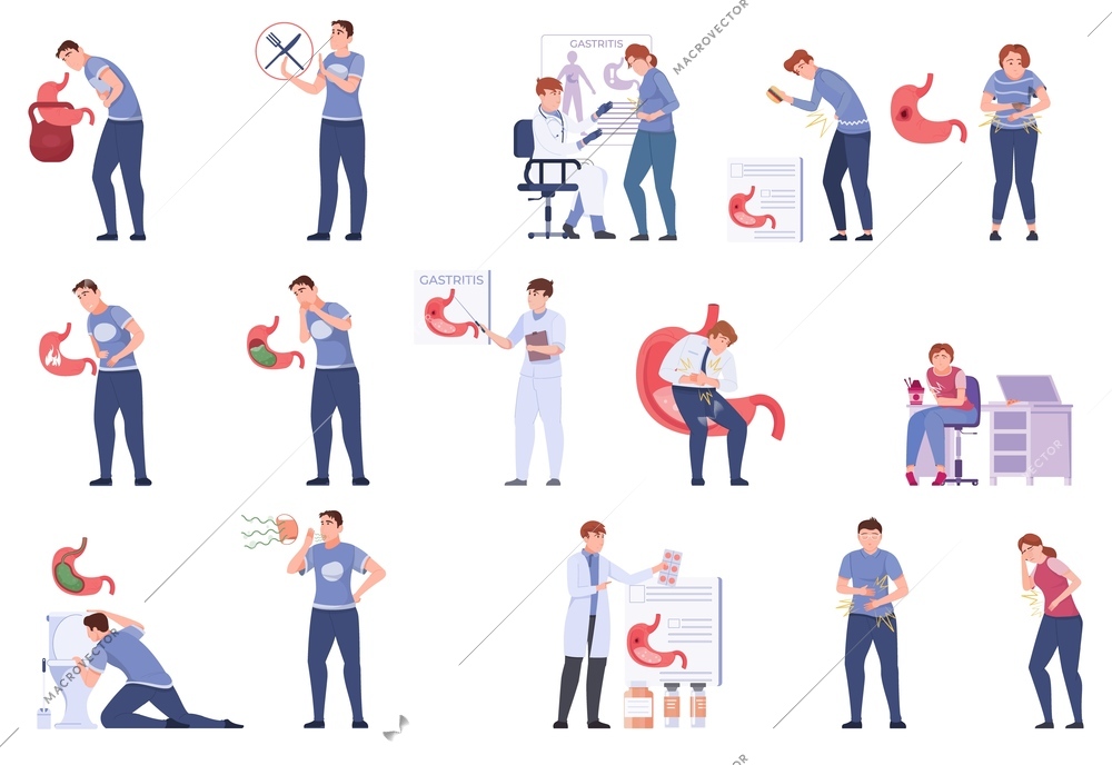 Gastro gastritis flat set with isolated icons of people suffering from intestinal diseases with stomach images vector illustration