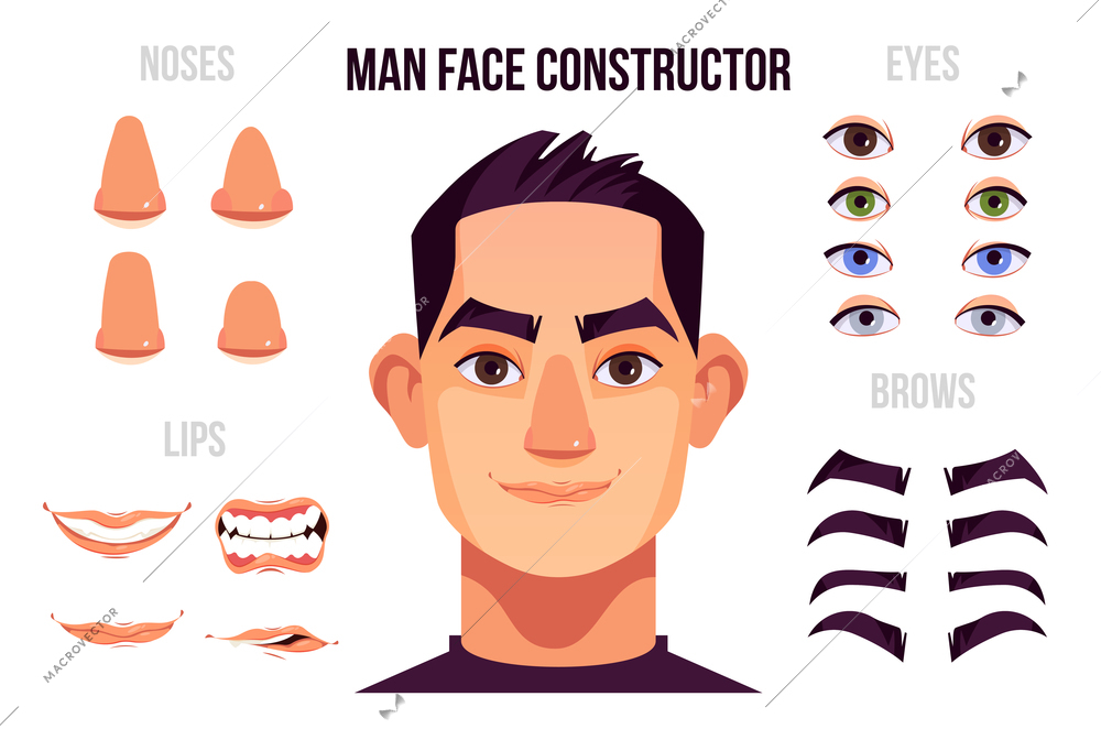 Man face constructor elements with noses eyes brows lips and male character portrait in centre cartoon vector illustration