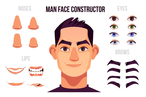 Man face constructor elements with noses eyes brows lips and male character portrait in centre cartoon vector illustration