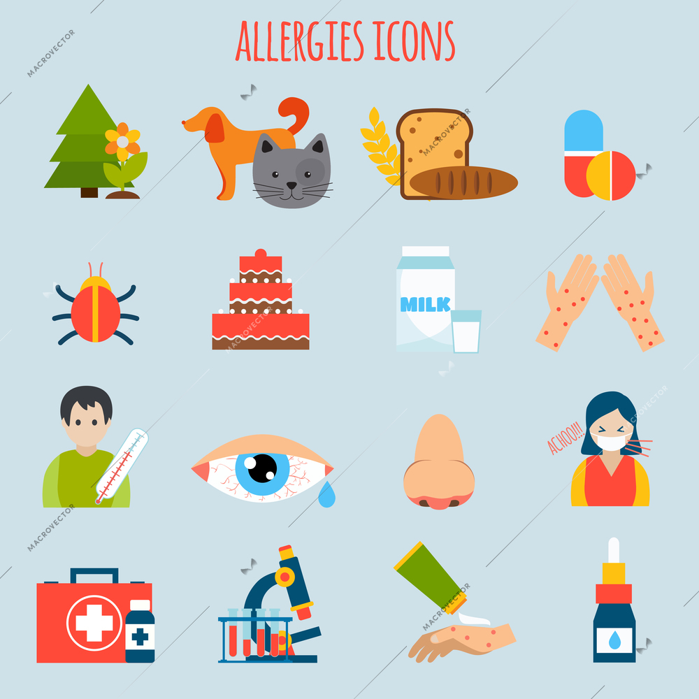 Plant fur wheat insect allergies icon set isolated vector illustration