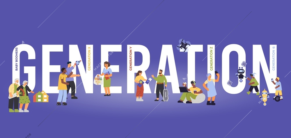 Generation composition with flat text and characters of different generations with editable text captions for each vector illustration