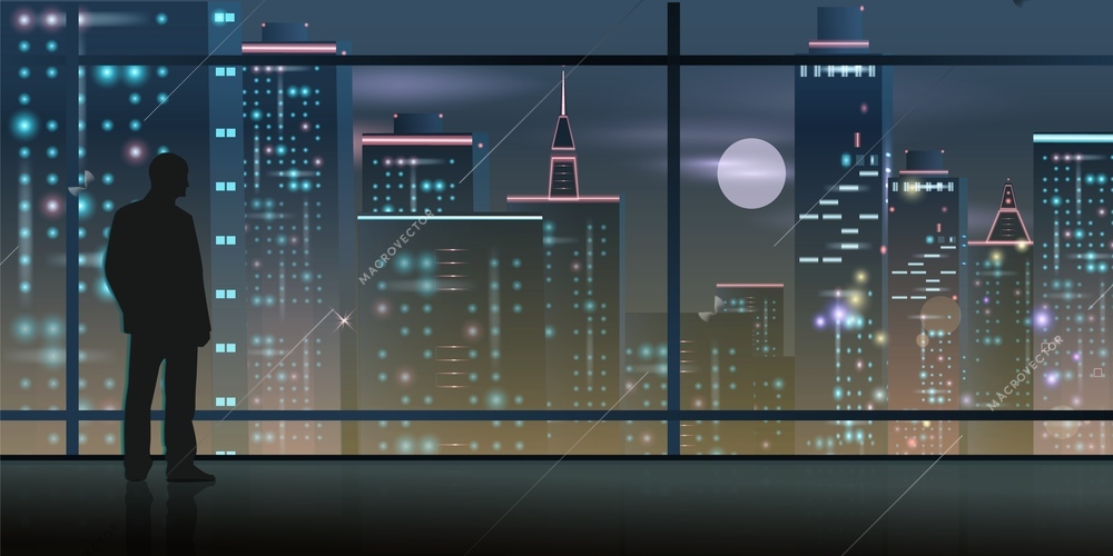 Night city realistic composition with indoor view of panoramic window with glowing skyscrapers and shining moon vector illustration
