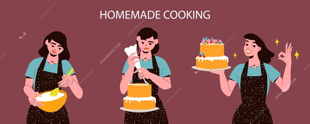 Homemade cooking design concept with happy women making cakes isolated on colour background flat vector illustration