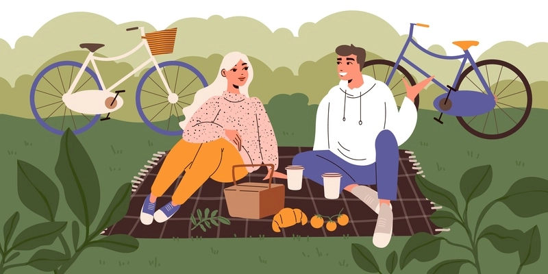 Lagom lifestyle flat concept with young couple having picnic eating healthy food outdoors with bicycles in background vector illustration