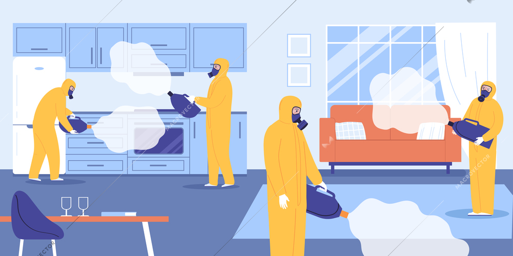 Pest control background with people in chemical protective suits making disinfection of living apartments flat vector illustration