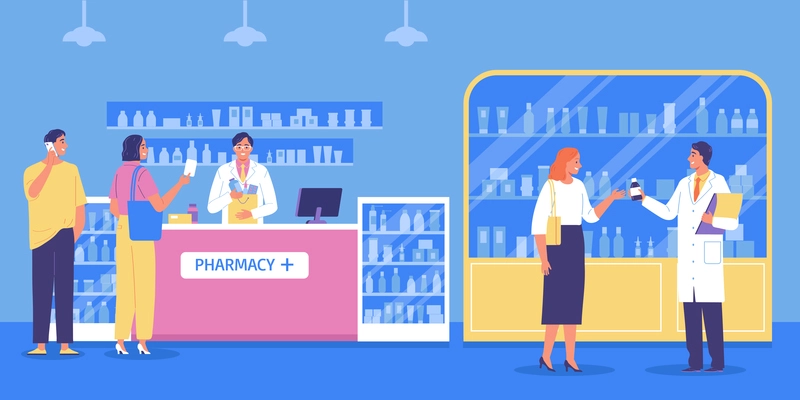 Pharmacy interior flat background with visitors pharmacist and staff in white coats consulting people vector illustration