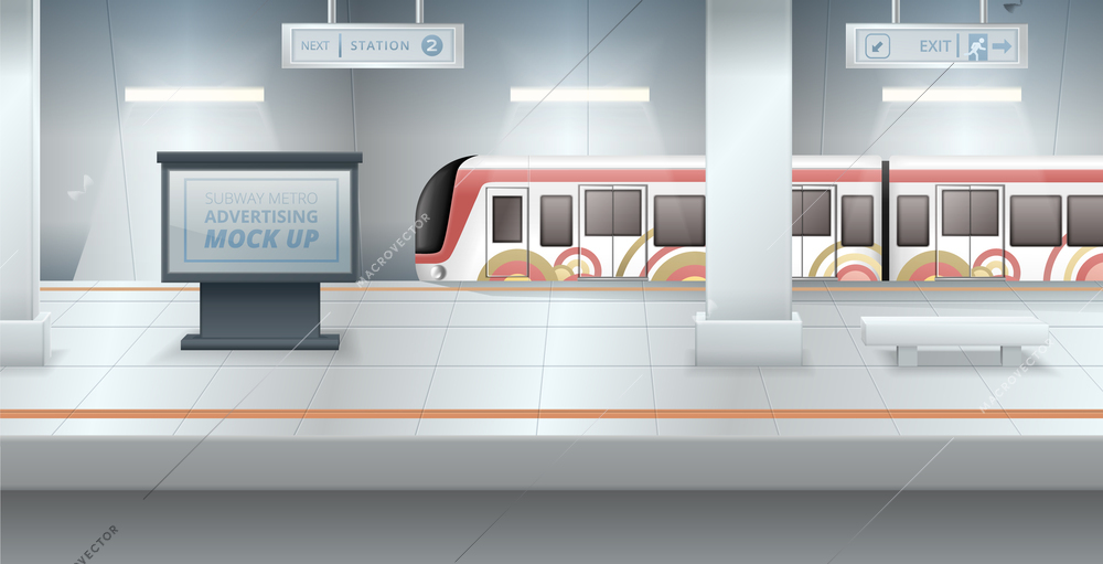 Advertising mockup on empty subway station platform with train in background realistic vector illustration